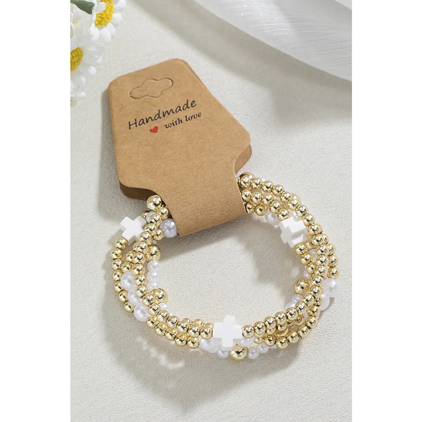 Pulsera elástica multicapa con cuentas con decoración de perlas de cruz Ldc