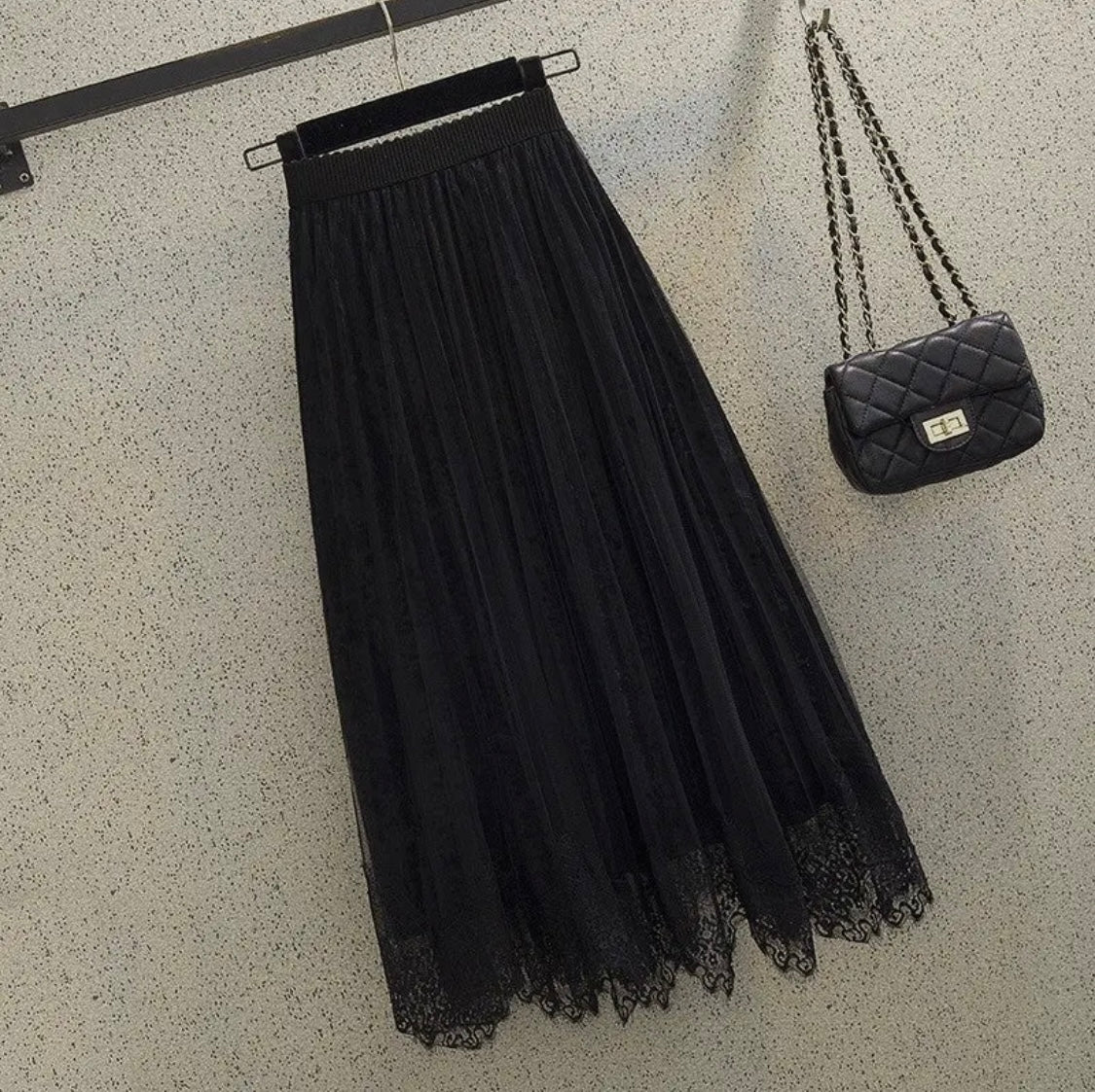 Lace Patchwork Pleated Velvet Midi Skirt (Pre Order)