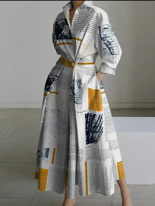 Newspaper Print Pleated Tied Waist Long Sleeves Loose Lapel