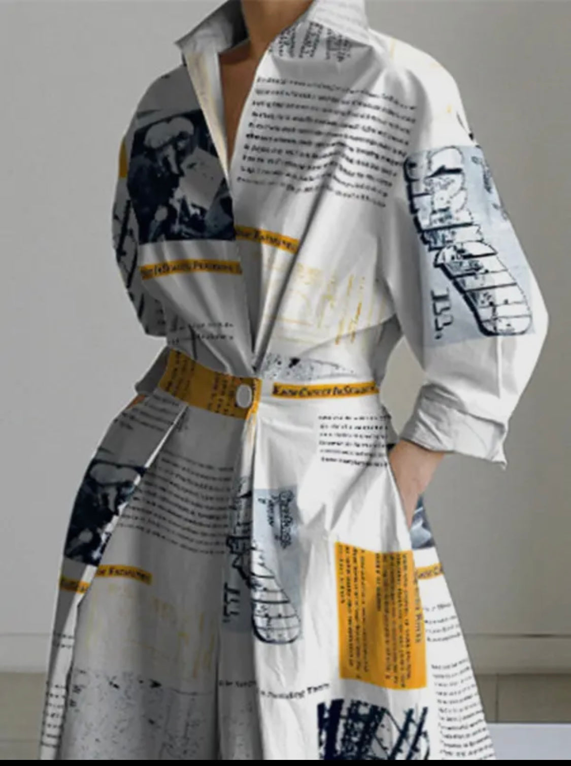 Newspaper Print Pleated Tied Waist Long Sleeves Loose Lapel