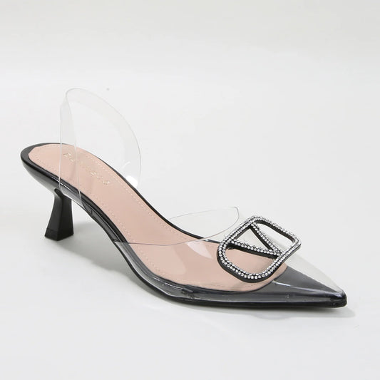 Nimona Rhinestone Emblem Clear Slingback Heels(PRE ORDER)