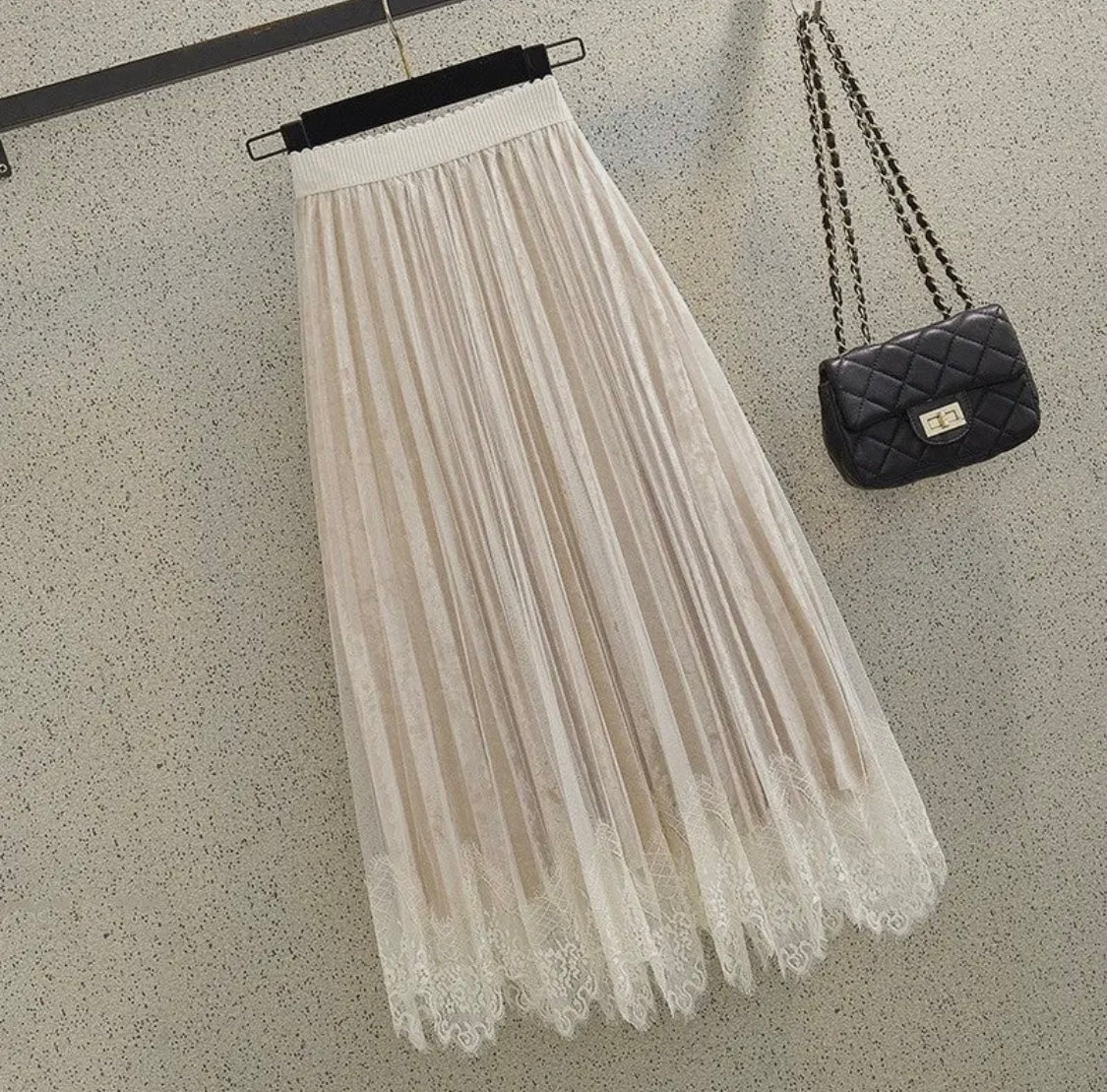 Lace Patchwork Pleated Velvet Midi Skirt (Pre Order)