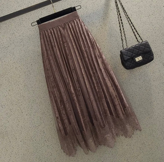 Lace Patchwork Pleated Velvet Midi Skirt (Pre Order)
