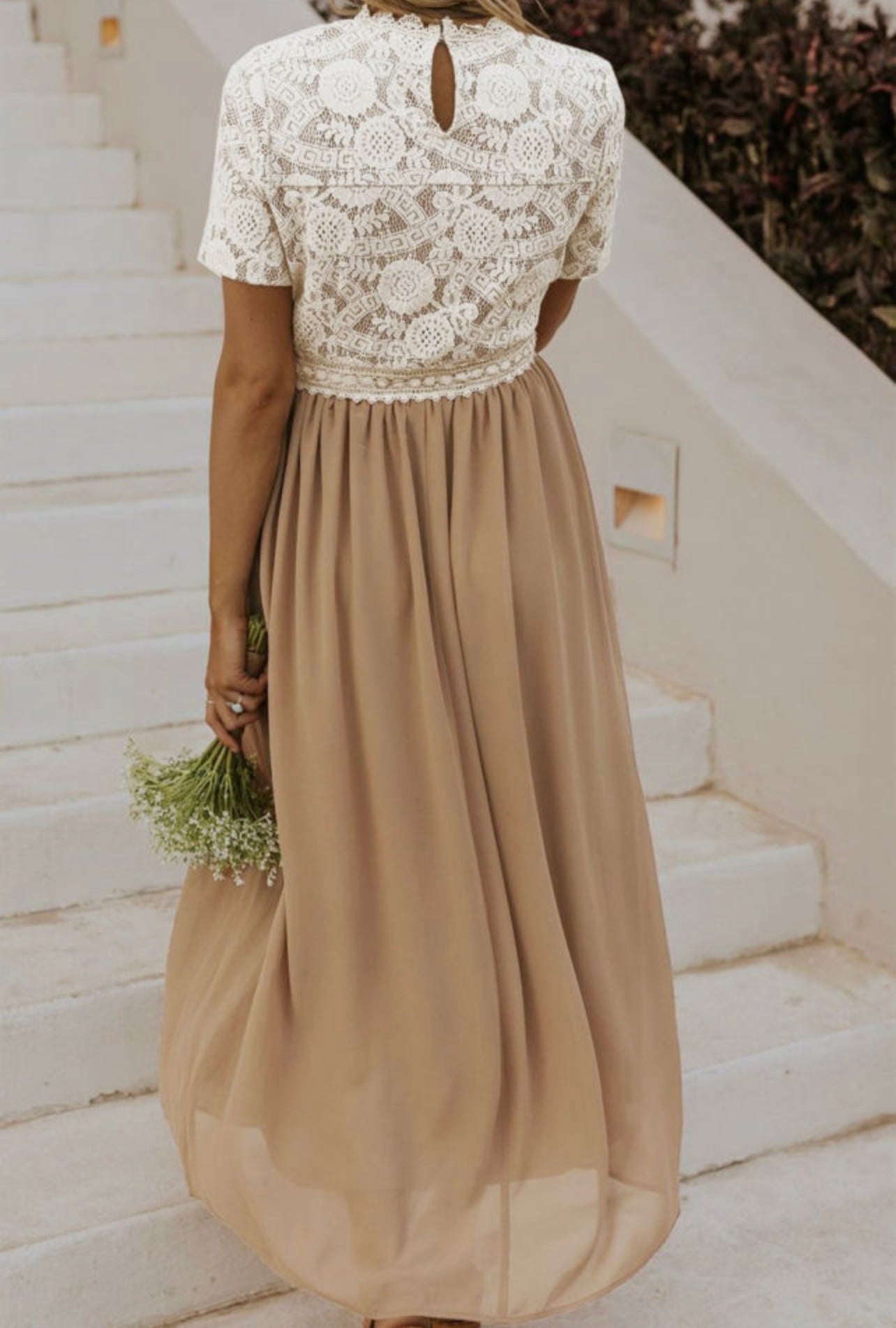 Clay Lace Short Sleeve Bodice Flowy Chiffon Long Dress