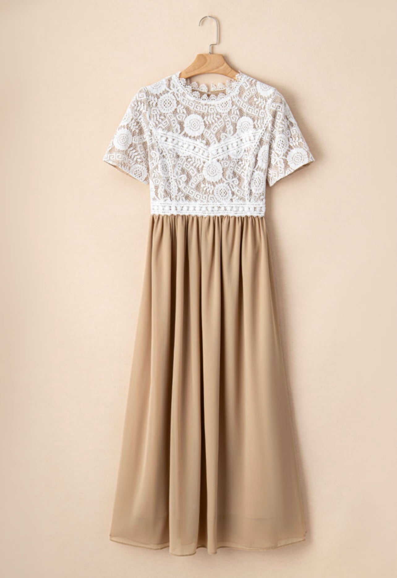 Clay Lace Short Sleeve Bodice Flowy Chiffon Long Dress